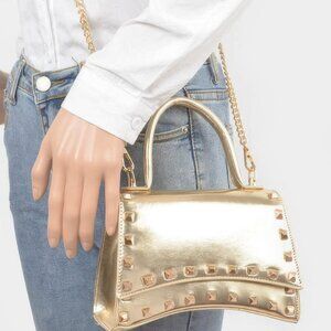 Metallic Faux Leather Studded Top Handle Clutch